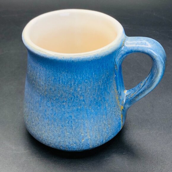 70s Beauce Ceramic Blue Ironstone Coffee Mug Textured Green Yellow Underglaze - Picture 4 of 13